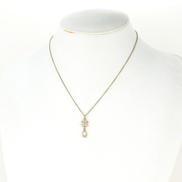 CHANEL CC Logo Rhinestone Drop Necklace 16" Gold Tone 09A Auth w/Box #22300 - Picture 2 of 7